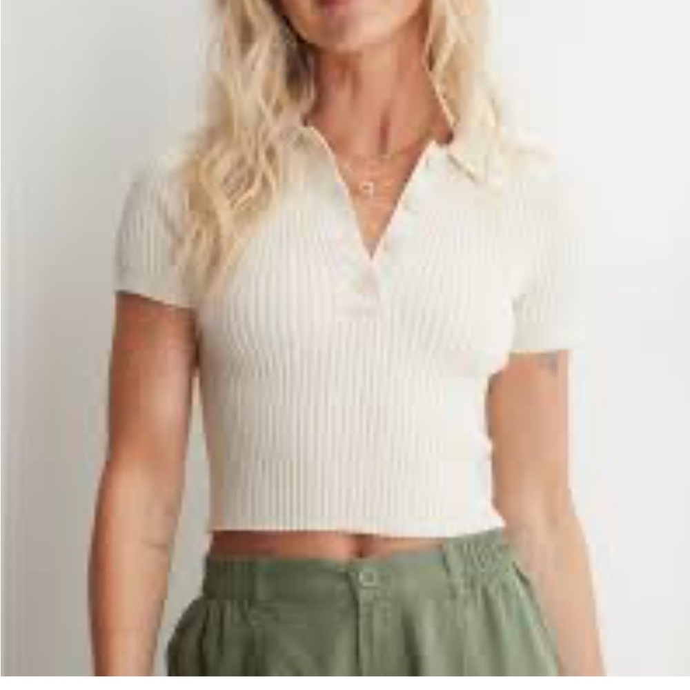 Beige Ribbed Cropped Polo Top
